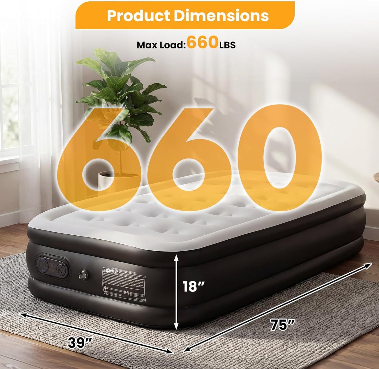 Air Mattress with Built-in High Capacity Pump Weight Capacity, Non-Slip Bottom